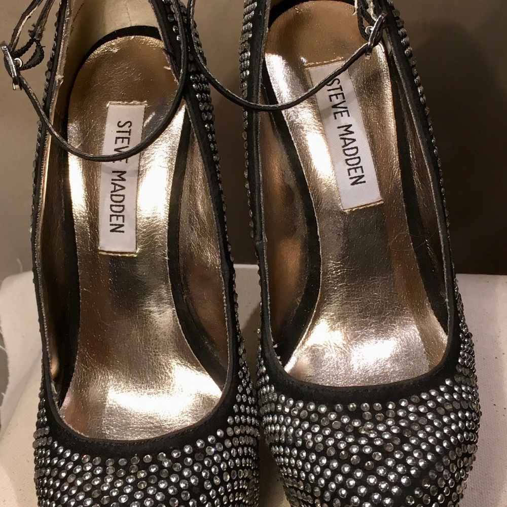 STEVE MADDEN GOSSIP Black Silver Metallic platform Sculpted heels Geometric SZ 6 - Picture 9 of 10